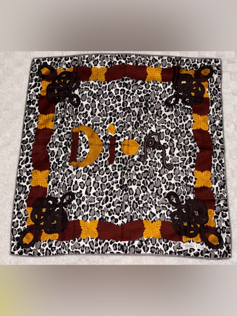 Vintage Christian Dior Leopard Print Silk Scarf Golden Dark Red & Brown Accents